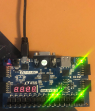FPGA LEDs lighting up in response to byte received while debugging.